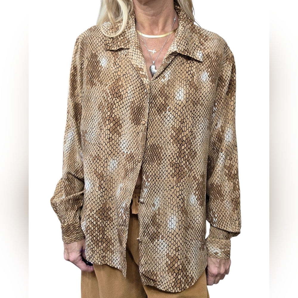 Jessie June 100% Silk Snakeskin Print Button Up Blouse Neutral Size L